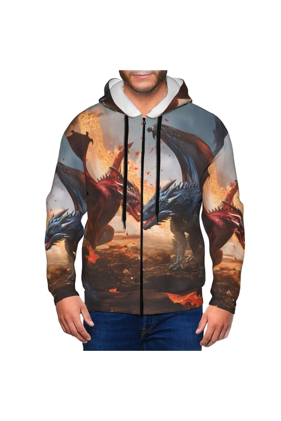 Lava Dragon Print Men Hoodies Casual Hoodies for Men with Zip Pockets Full Zip Long Sleeve Sweatshirt Sports Hooded Jacket-Small