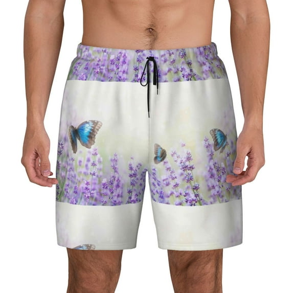 Kdxio Lavender And Butterfly Print Men'S Swim Trunks With Compression Liner 7 Inch Inseam Quick Dry Swim Shorts