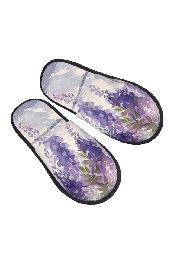 Lavender Blooms Window Pattern Slippers for Women Memory Foam Fuzzy House Slippers Bedroom Non-slip Warm Womens Slippers