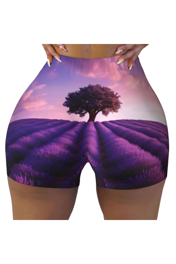 Lavender Field Sunset Print Workout Shorts for Women Seamless Soft Smooth Gym Yoga Scrunch Active Shorts