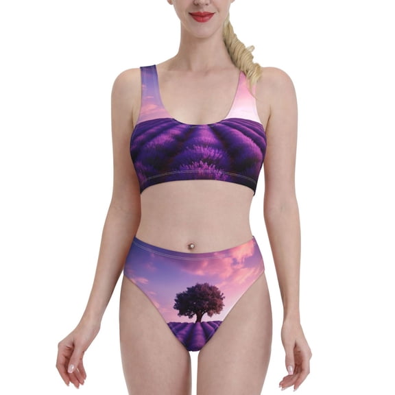 Kdxio Lavender Field Sunset for Womens High Waisted Bikini Top Sports Style Two Piece Bathing Suits