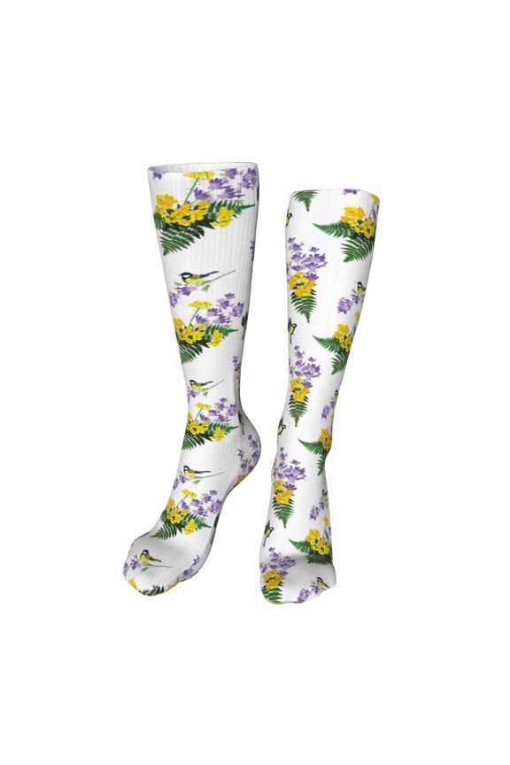 Lavender Flowers Funny Silky Novelty Funky Long Knee High Socks Soft 3D Print Cosplay Crazy Stockings for Men Women