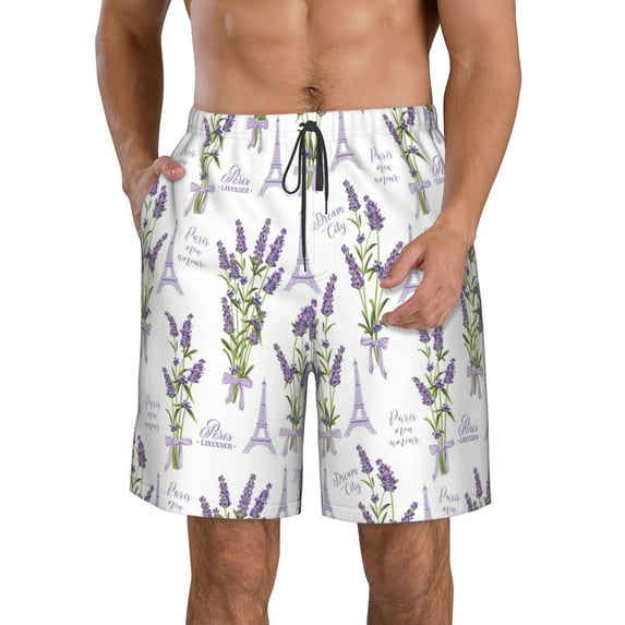 Kdxio Lavender Flowers Pattern Mens Casual Shorts - Drawstring Summer Beach Sports Shorts for Men