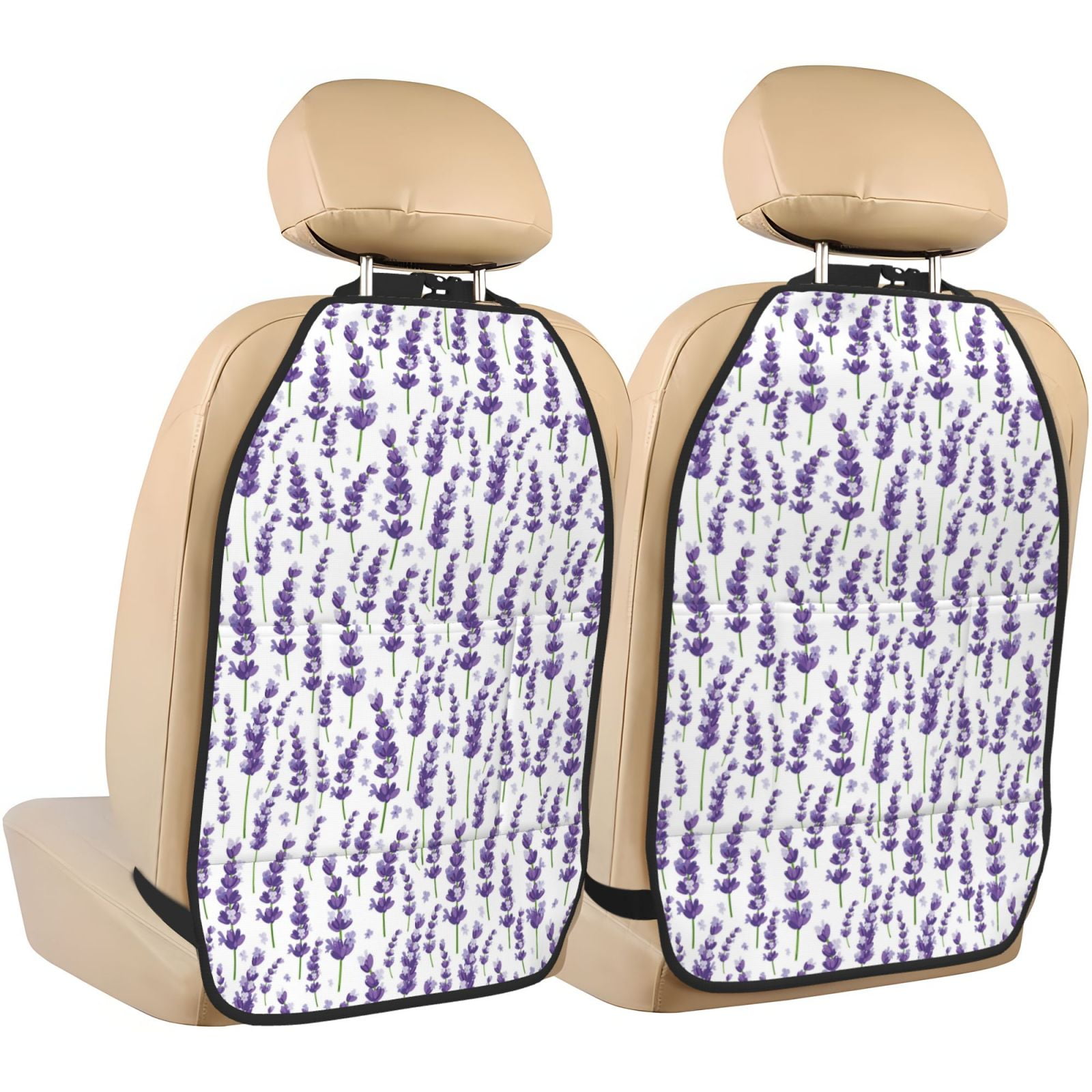 Kdxio Lavender Flowers Print 2 Pack Car Kick Mat Seat Cover Back Protector Mat with Pockets for Organizer Backseat Protector and Storage Anti Kick Pad for Vehicles