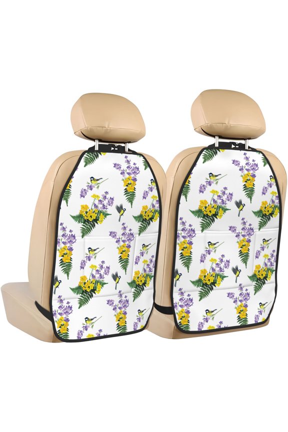 Lavender Flowers Print 2 Pack Car Kick Mat Seat Cover Back Protector Mat with Pockets for Organizer Backseat Protector and Storage Anti Kick Pad for Vehicles