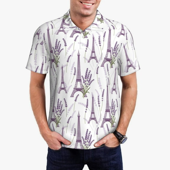 Kdxio Lavender Flowers Print Men's Short Sleeve Polo Shirt,Midweight Men's Shirt
