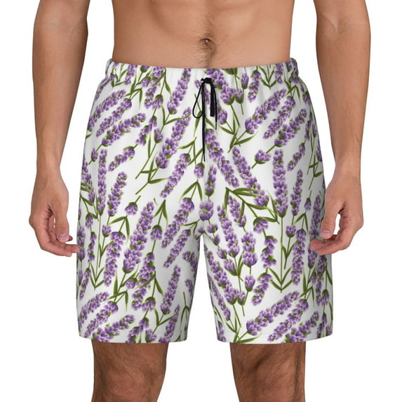 Kdxio Lavender Flowers Print Men's Swim Trunks with Compression Liner 7 Inch Inseam Quick Dry Swim Shorts