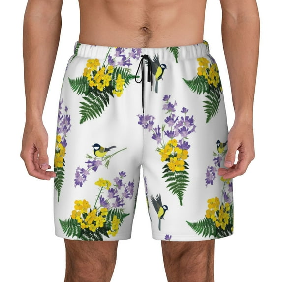 Kdxio Lavender Flowers Print Men's Swim Trunks with Compression Liner 7 Inch Inseam Quick Dry Swim Shorts
