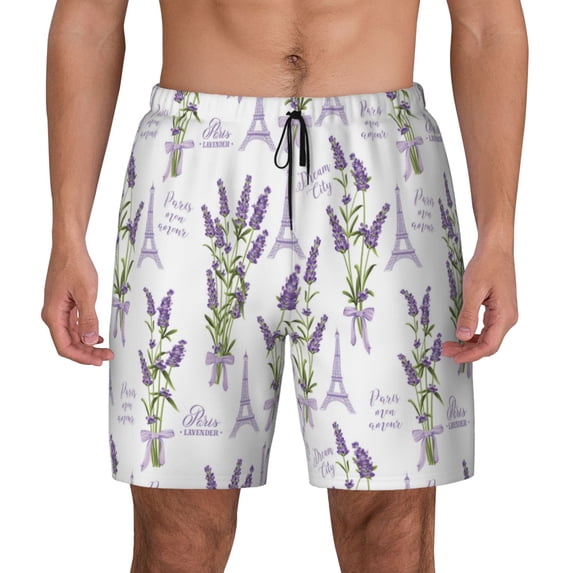 Kdxio Lavender Flowers Print Men's Swim Trunks with Compression Liner 7 Inch Inseam Quick Dry Swim Shorts