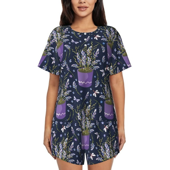 Kdxio Lavender Flowers Print Pajamas Sets for Women Short-Sleeved Pjs with Lounge Shorts Two Piece Sleepwear S-4XL