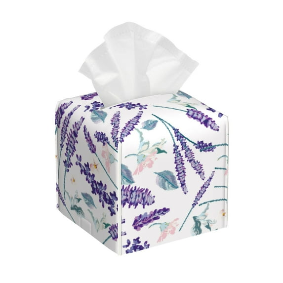 Kdxio Lavender Flowers Print Tissue Box Cover,Square Decorative PU Leather Facial Paper Case Organizer Holder Dispenser for Bathroom,Night Stands,Desk,Car 5.2''X5.2''X5.2''