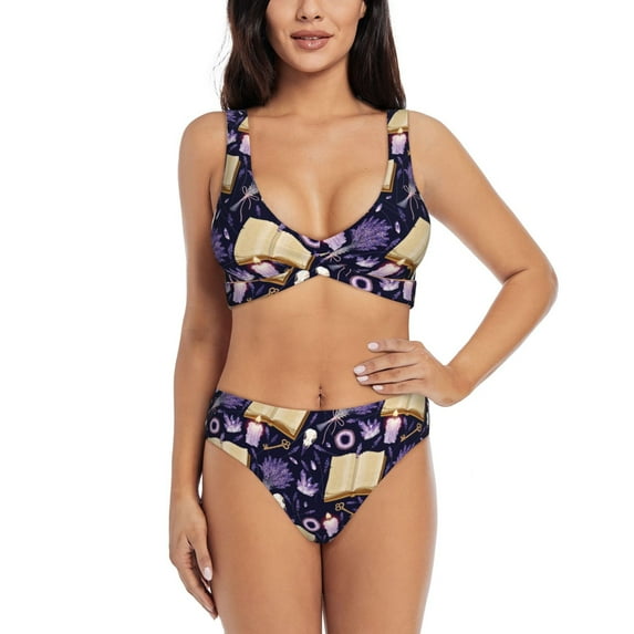Kdxio Lavender Flowers Print Women's 2 Piece High Waisted Wrap Spaghetti Strap Summer Swimsuit Bikini Set-XX-Large