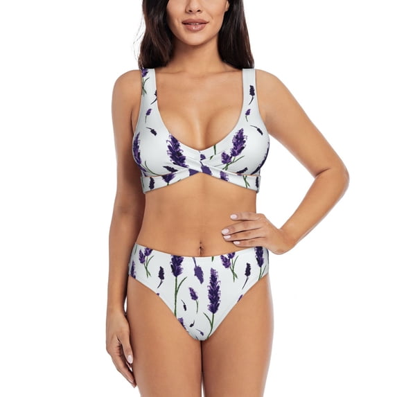 Kdxio Lavender Flowers Print Women's 2 Piece High Waisted Wrap Spaghetti Strap Summer Swimsuit Bikini Set-XX-Large