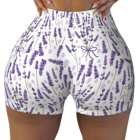 Kdxio Lavender Flowers Print Workout Shorts for Women Seamless Soft Smooth Gym Yoga Scrunch Active Shorts