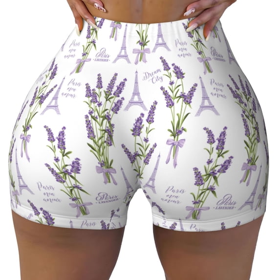 Kdxio Lavender Flowers Print Workout Shorts for Women Seamless Soft Smooth Gym Yoga Scrunch Active Shorts