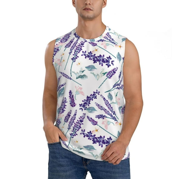 Kdxio Lavender Flowers for Men's Muscle T-shirt,Sleeveless for Workout Running Athletic Gym Lounge Casual