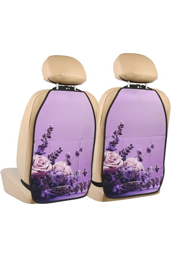 Lavender Roses Arrangement Print 2 Pack Car Kick Mat Seat Cover Back Protector Mat with Pockets for Organizer Backseat Protector and Storage Anti Kick Pad for Vehicles