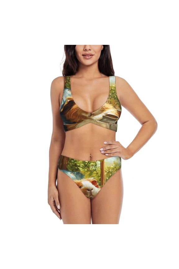Lazy Home Style Guinea Pig Print Women's 2 Piece High Waisted Wrap Spaghetti Strap Summer Swimsuit Bikini Set-Large