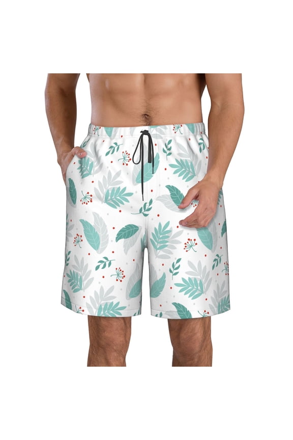 Leaf Print Green Pattern Mens Casual Shorts - Drawstring Summer Beach Sports Shorts for Men