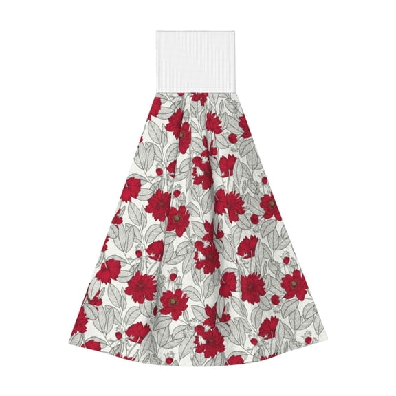 Kdxio Leaves And Anemone Flowers In Red Grey Hand Towel with Loop Hanging Towel Absorbent Tie Towels for Kitchen Tea Bar Bathroom Decor