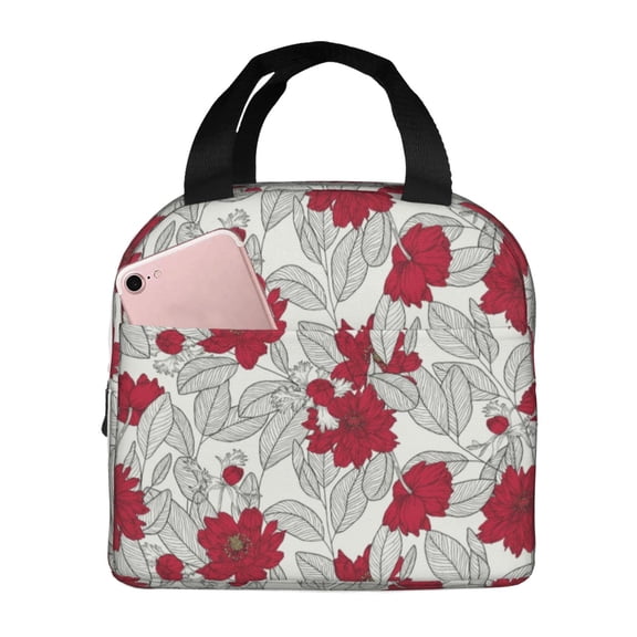 Kdxio Leaves And Anemone Flowers In Red Grey Print Insulated Lunch Bag,Reusable Tote Lunch Box for Women Men,Leakproof Cooler Lunch Bags for Work Office Travel Picnic