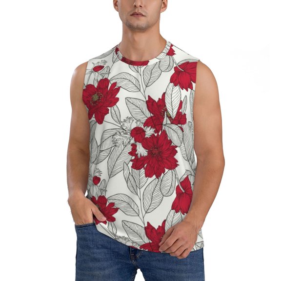 Kdxio Leaves And Anemone Flowers In Red Grey for Men's Muscle T-shirt,Sleeveless for Workout Running Athletic Gym Lounge Casual