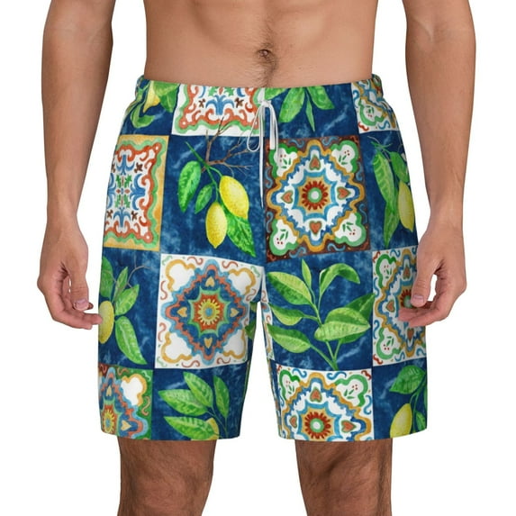 Kdxio Lemon And Leaves Print Men'S Swim Trunks With Compression Liner 7 Inch Inseam Quick Dry Swim Shorts