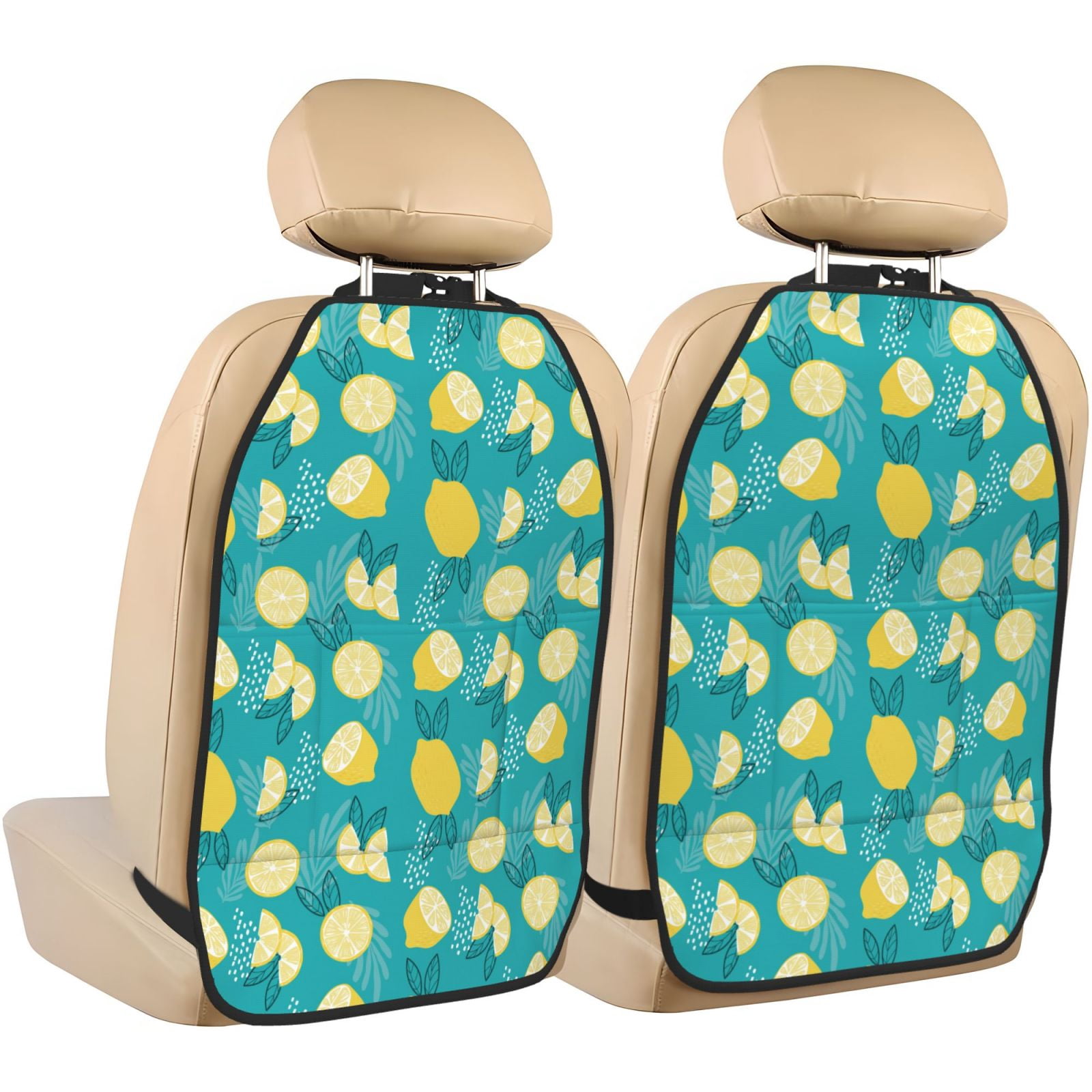 Kdxio Lemon Blue Print 2 Pack Car Kick Mat Seat Cover Back Protector Mat with Pockets for Organizer Backseat Protector and Storage Anti Kick Pad for Vehicles