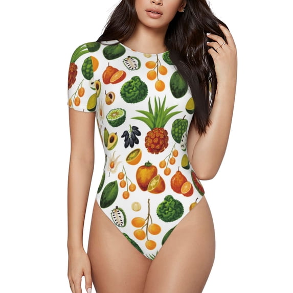 Kdxio Lemon Fruits Vegetables for Women's Short-Sleeved Onesie Stylish Round Neck Pajamas Bodysuit Jumpsuit Nightwear-Small