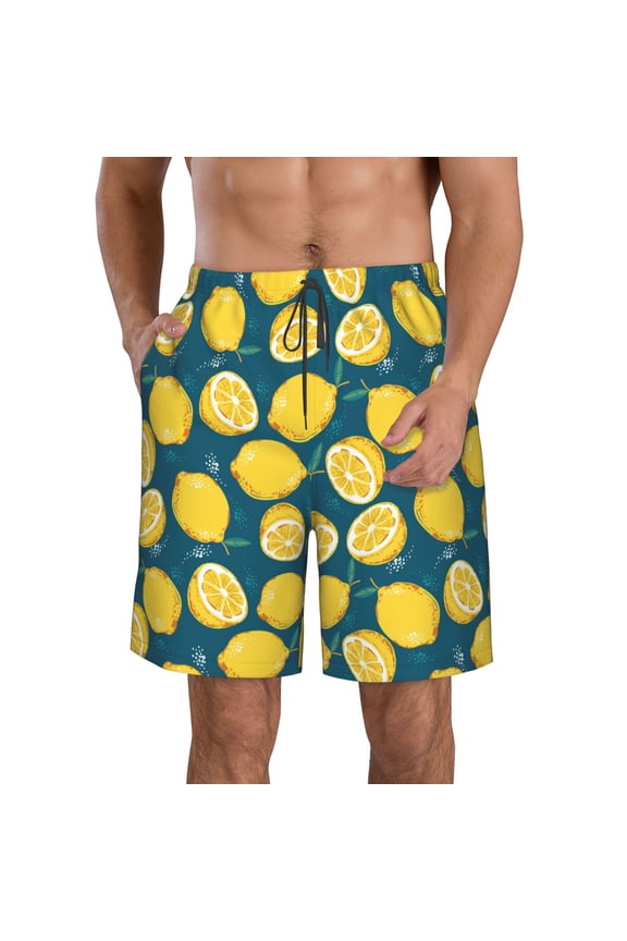 Lemon Pattern Mens Casual Shorts - Drawstring Summer Beach Sports Shorts for Men
