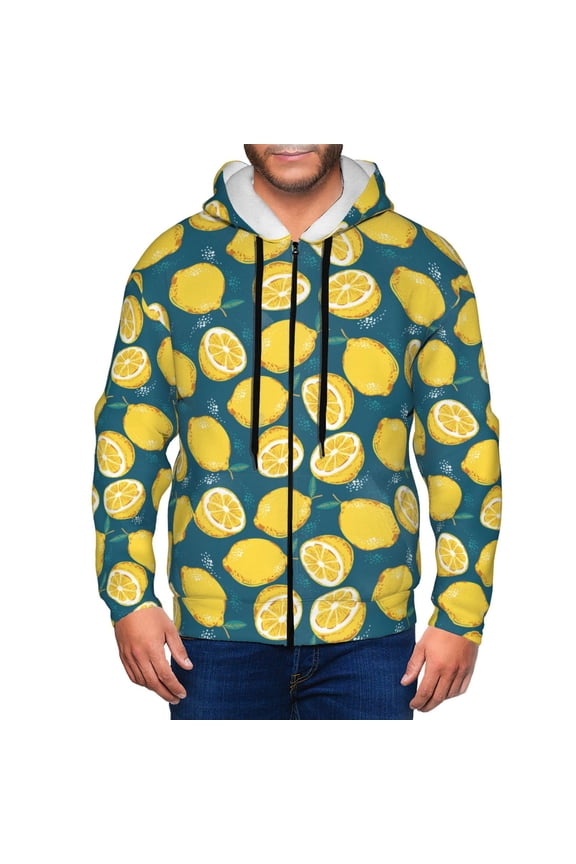 Lemon Print Men Hoodies Casual Hoodies for Men with Zip Pockets Full Zip Long Sleeve Sweatshirt Sports Hooded Jacket-Medium