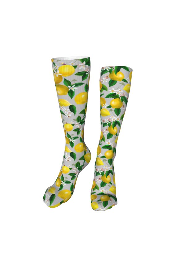 Lemon Seamless Pattern Oil Painting Effect Funny Silky Novelty Funky Long Knee High Socks Soft 3D Print Cosplay Crazy Stockings for Men Women