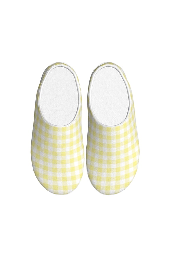 Lemon Yellow Checkboard Women's Men's Slippers Plush Slip-On House Slipper for Winter Indoor Soft Cushion Non-slip Fluffy Slides Slippers-46/47