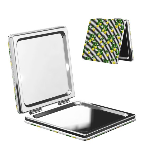 Kdxio Lemons on Striped Pocket Mirror, 1X/2X Travel Makeup Mirror 2-Sided Folding Small Mirror Portable Double-Sided Magnifying Cosmetic Mirror for Gift-Square