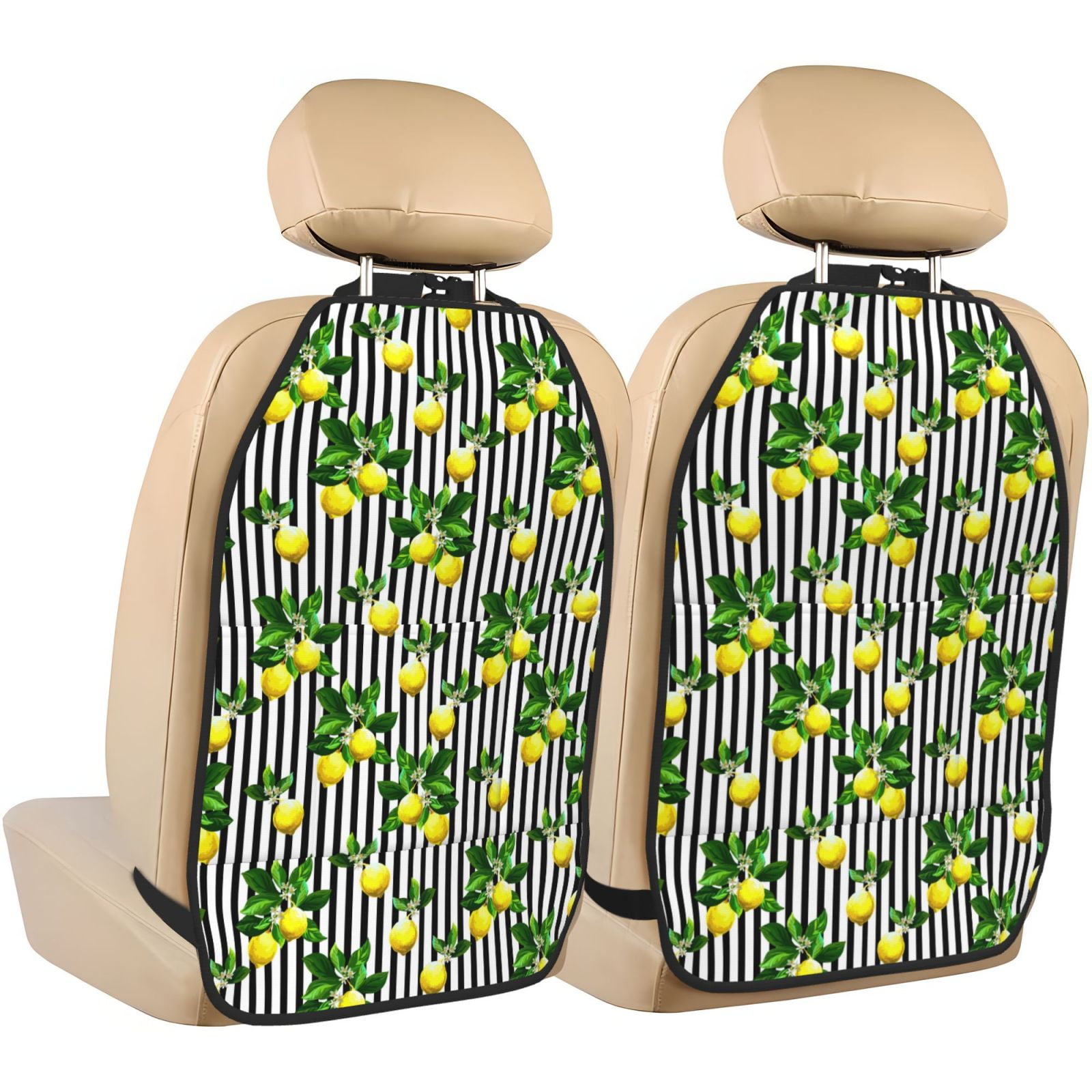 Kdxio Lemons on Striped Print 2 Pack Car Kick Mat Seat Cover Back Protector Mat with Pockets for Organizer Backseat Protector and Storage Anti Kick Pad for Vehicles
