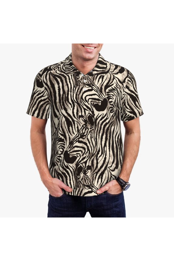 Leopard And Zebra1 Print Men's Short Sleeve Polo Shirt,Midweight Men's Shirt-Large