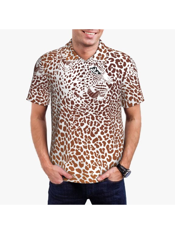 Leopard Brown Print Men's Short Sleeve Polo Shirt,Midweight Men's Shirt-4X-Large