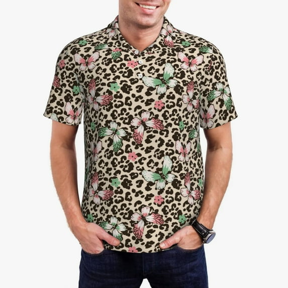 Kdxio Leopard Dots Print Men's Short Sleeve Polo Shirt,Midweight Men's Shirt