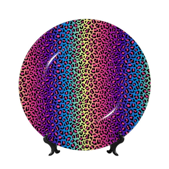 Kdxio Leopard Neon Rainbow Gradient Bone China Decorative Plate Ceramic Decorative Plate for Home Office Wall Stand Decorative Plates for Home Bedroom-7in