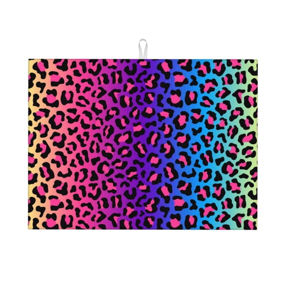 Kdxio Leopard Neon Rainbow Gradient for Dish Drying Mat,24*18 inch Absorbent Dish Drainer Kitchen Counter,Large Size Dish Drying Pad for Countertops,Draining Racks