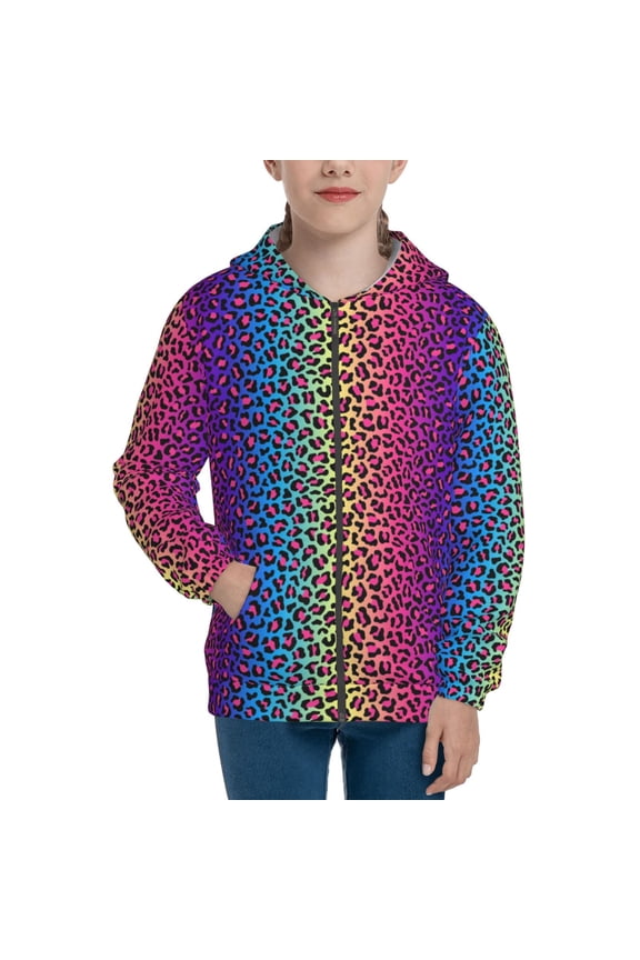 Leopard Neon Rainbow Gradient Pattern Kids Boys Girls Zip Up Hoodie 3D Printed Hooded Sweatshirt Hoody Coat with Pocket 7-12 Y-Small