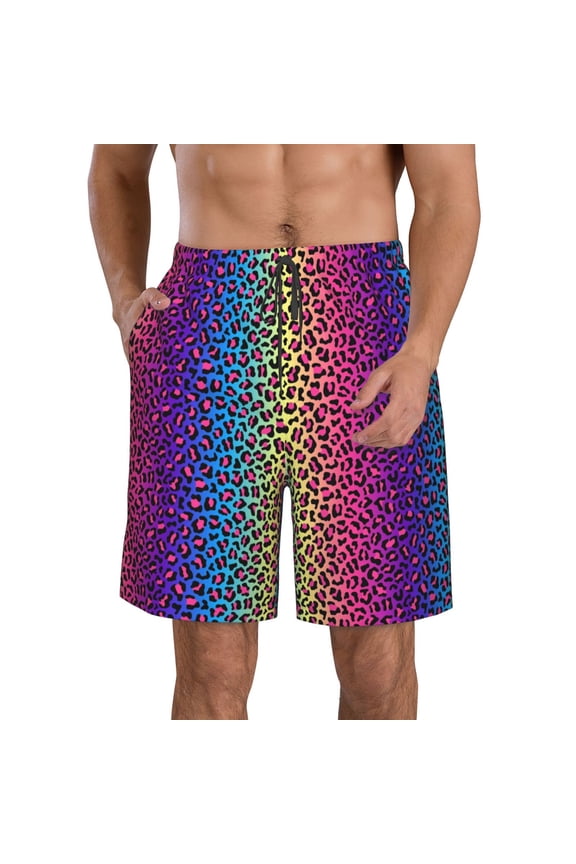 Leopard Neon Rainbow Gradient Pattern Mens Casual Shorts - Drawstring Summer Beach Sports Shorts for Men