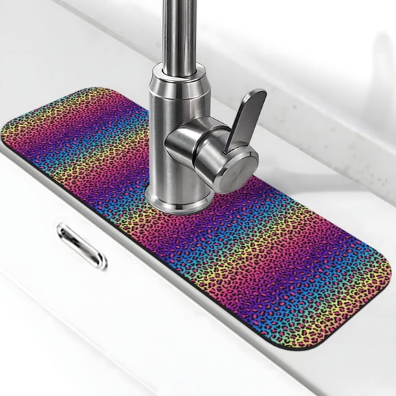 Kdxio Leopard Neon Rainbow Gradient Pattern Non-Slip Diatom Mud Faucet Drain Pad,Self Absorbent Mat for Kitchen Sink for Variety Kitchen & Bathroom Countertops