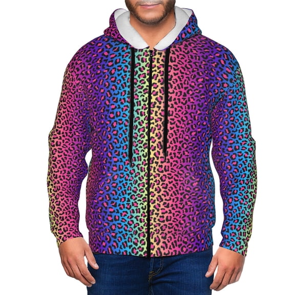 Kdxio Leopard Neon Rainbow Gradient Print Men Hoodies Casual Hoodies for Men with Zip Pockets Full Zip Long Sleeve Sweatshirt Sports Hooded Jacket-3X-Large