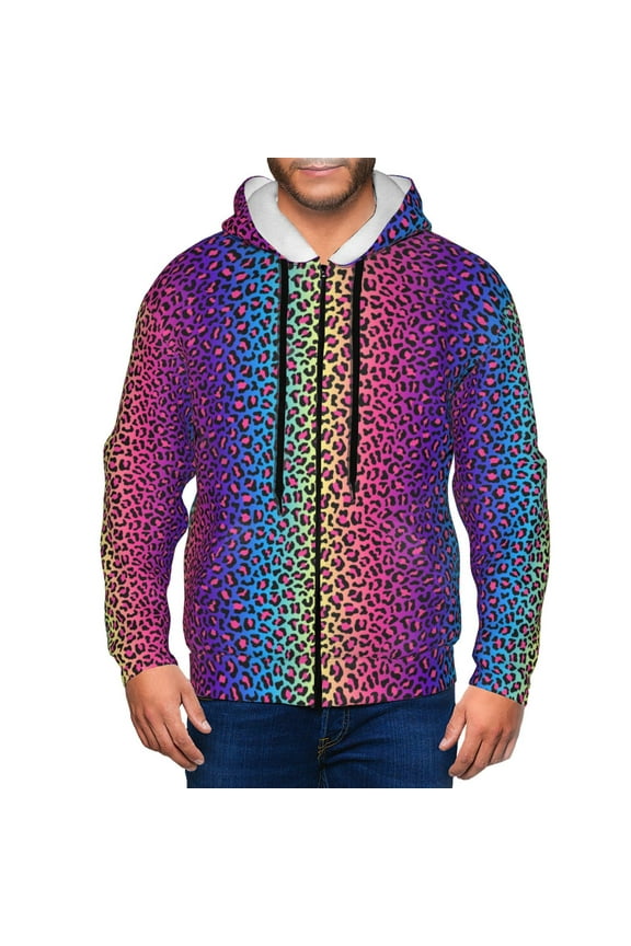 Leopard Neon Rainbow Gradient Print Men Hoodies Casual Hoodies for Men with Zip Pockets Full Zip Long Sleeve Sweatshirt Sports Hooded Jacket-Medium