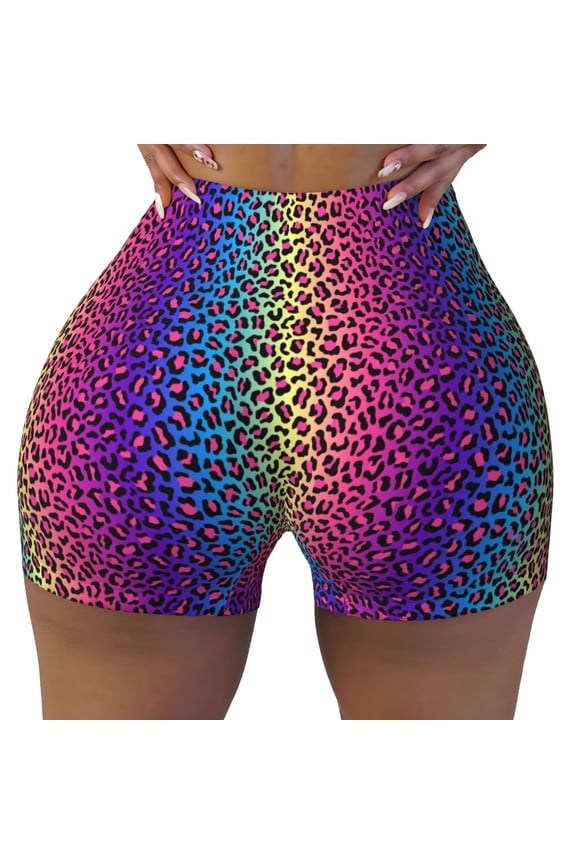Leopard Neon Rainbow Gradient Print Workout Shorts for Women Seamless Soft Smooth Gym Yoga Scrunch Active Shorts