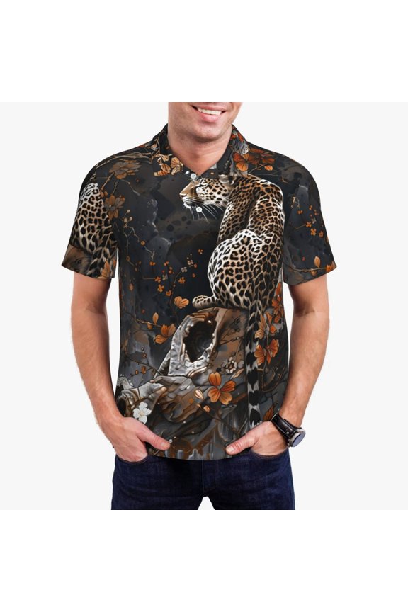 Leopard On Tree Branch Print Men's Short Sleeve Polo Shirt,Midweight Men's Shirt-Large