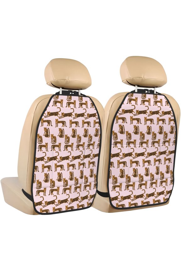 Leopard Print Print 2 Pack Car Kick Mat Seat Cover Back Protector Mat with Pockets for Organizer Backseat Protector and Storage Anti Kick Pad for Vehicles