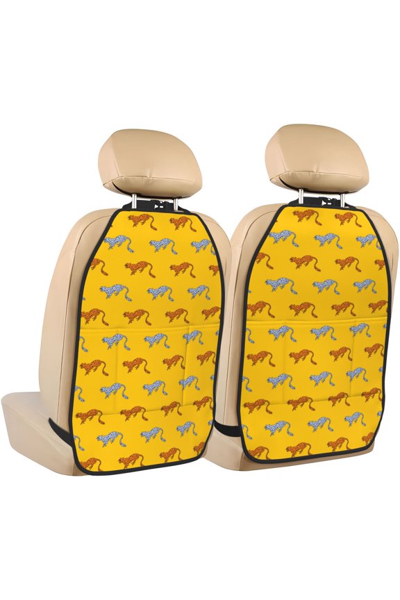 Leopard Print Print 2 Pack Car Kick Mat Seat Cover Back Protector Mat with Pockets for Organizer Backseat Protector and Storage Anti Kick Pad for Vehicles