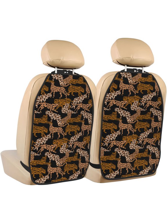 Leopard Print Print 2 Pack Car Kick Mat Seat Cover Back Protector Mat with Pockets for Organizer Backseat Protector and Storage Anti Kick Pad for Vehicles